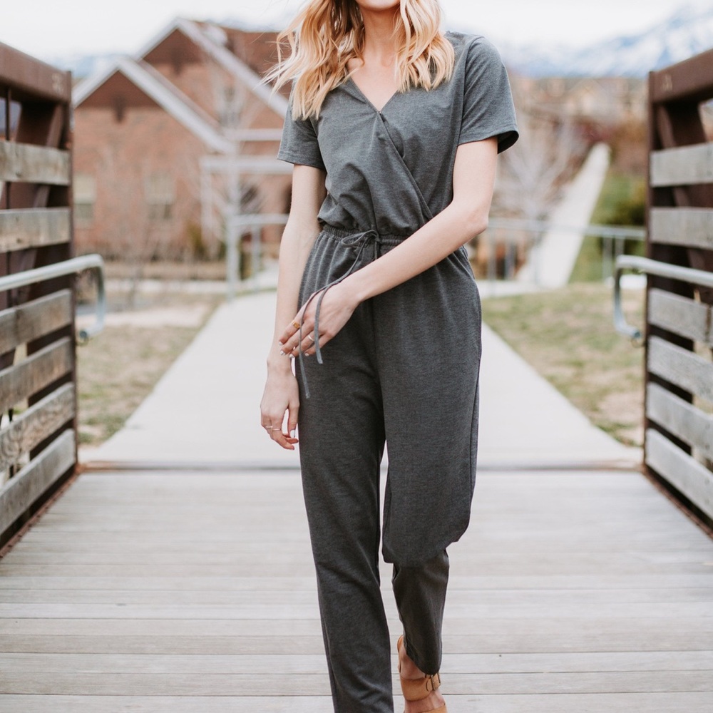 Piper & Scoot Debra Wrap Knit Jumpsuit in Gray
